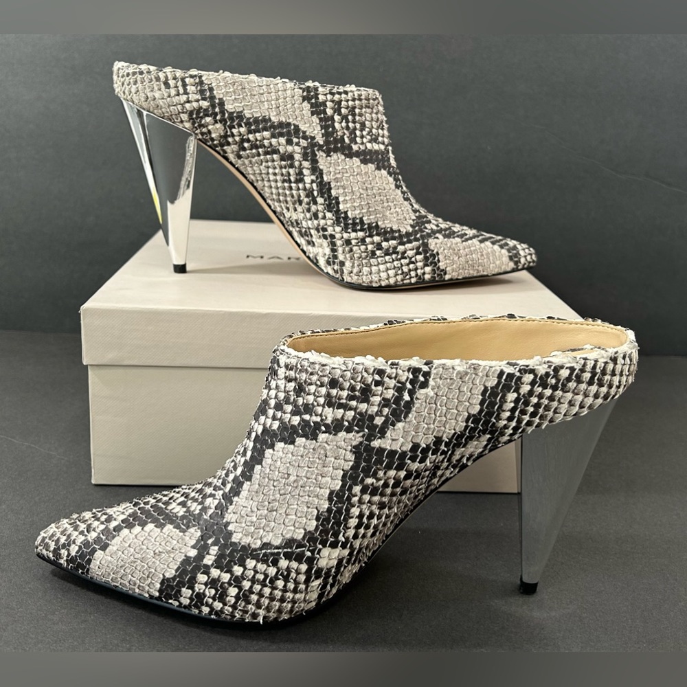 Marc Fisher Nutural Multi Leather Harlie Silver Heel Pointed Toe Mules Size 9